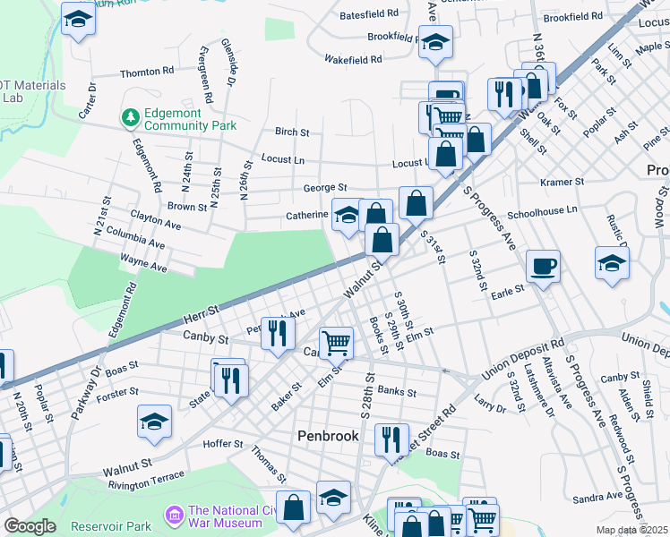 map of restaurants, bars, coffee shops, grocery stores, and more near 2743 Herr Street in Harrisburg