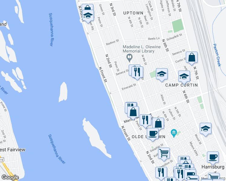 map of restaurants, bars, coffee shops, grocery stores, and more near 2301 North Front Street in Harrisburg