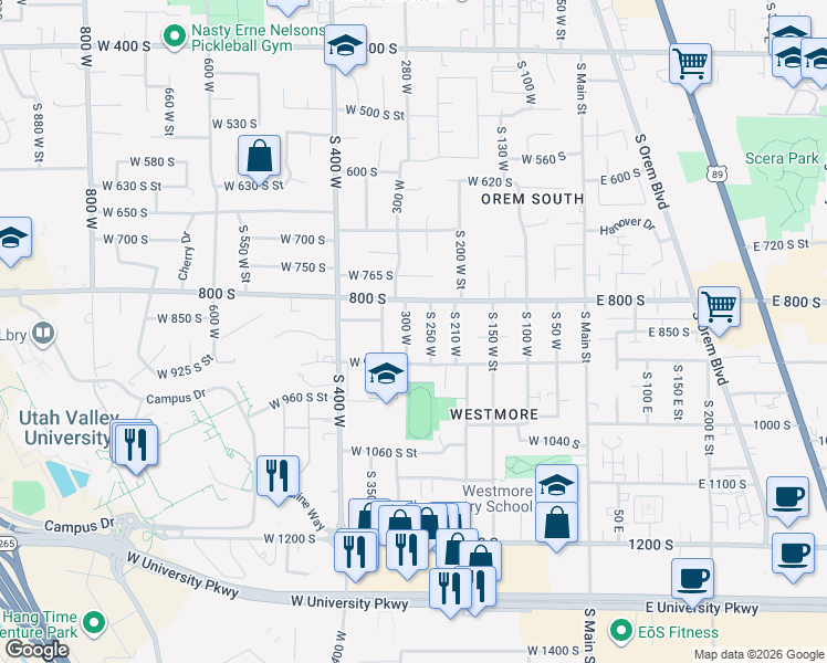 map of restaurants, bars, coffee shops, grocery stores, and more near 861 300 West in Orem