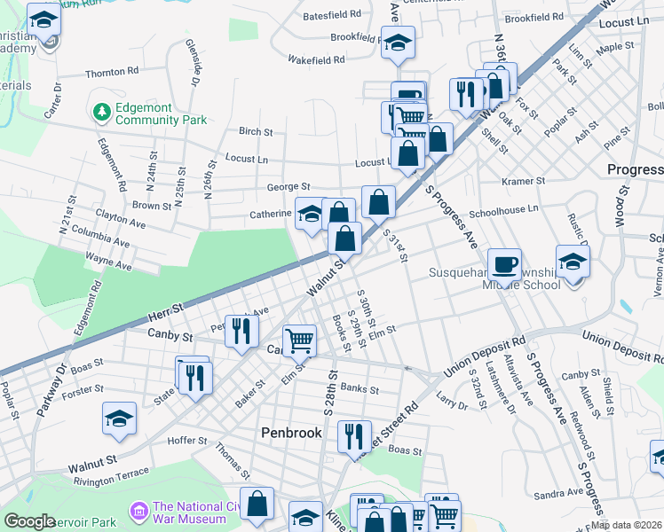 map of restaurants, bars, coffee shops, grocery stores, and more near 2824 Walnut Street in Harrisburg