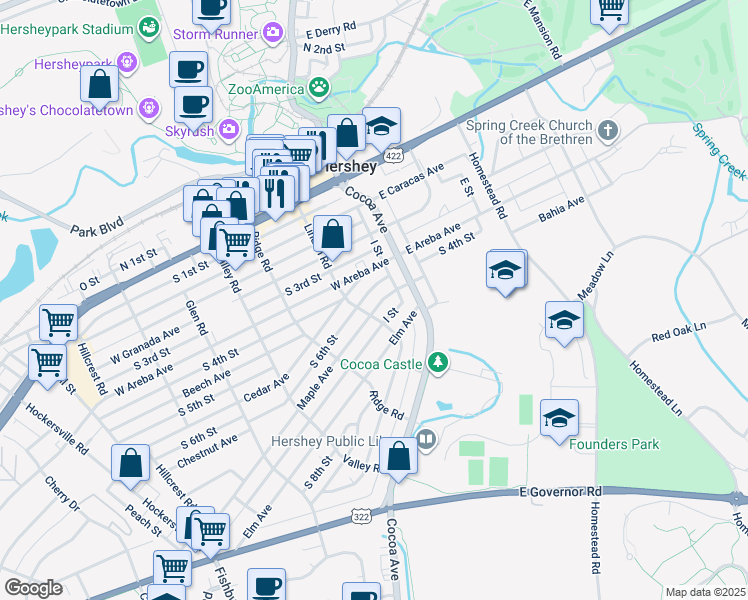 map of restaurants, bars, coffee shops, grocery stores, and more near 45 Maple Avenue in Hershey