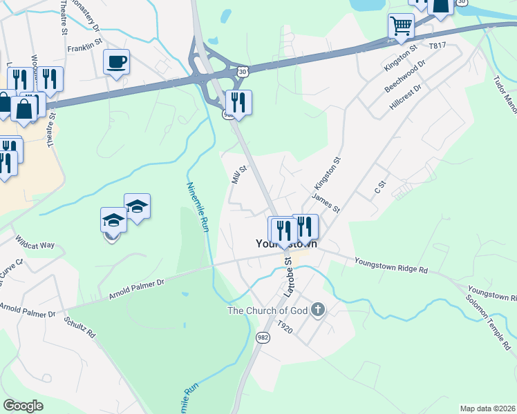 map of restaurants, bars, coffee shops, grocery stores, and more near 117 Paul Street in Latrobe