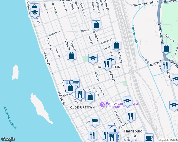 map of restaurants, bars, coffee shops, grocery stores, and more near in Harrisburg