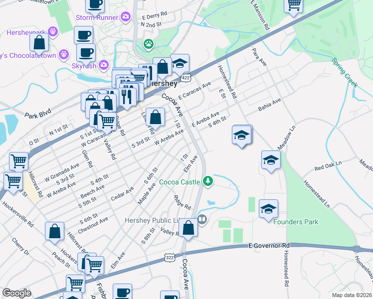 map of restaurants, bars, coffee shops, grocery stores, and more near 39 Elm Avenue in Hershey
