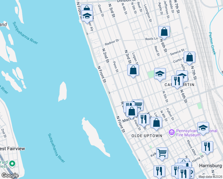 map of restaurants, bars, coffee shops, grocery stores, and more near 2301 North Front Street in Harrisburg