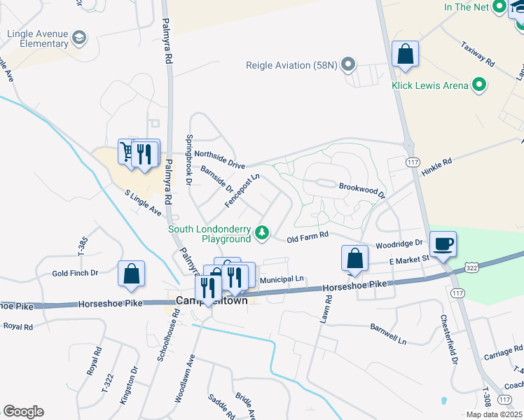 map of restaurants, bars, coffee shops, grocery stores, and more near 356 Farmhouse Lane in Palmyra