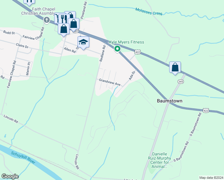 map of restaurants, bars, coffee shops, grocery stores, and more near 435 Pottstown Avenue in Birdsboro