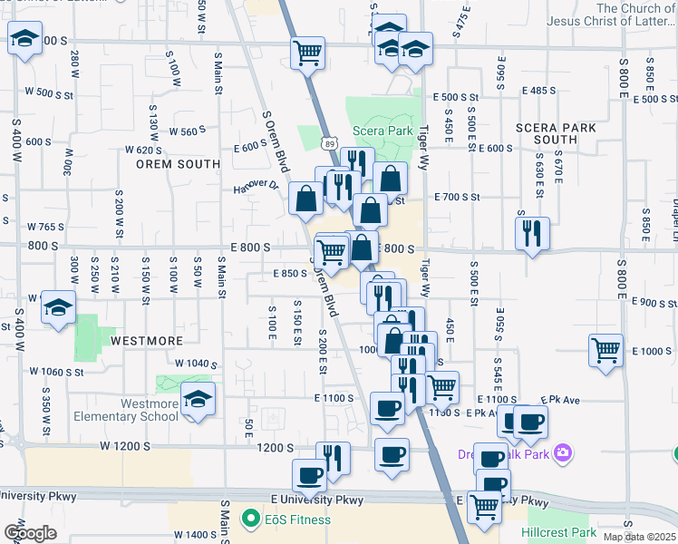 map of restaurants, bars, coffee shops, grocery stores, and more near 879 Orem Boulevard in Orem