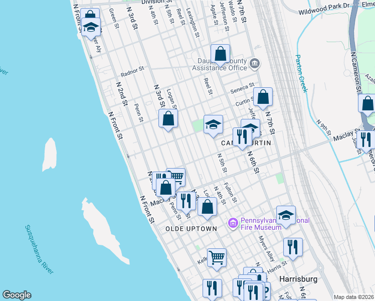 map of restaurants, bars, coffee shops, grocery stores, and more near 320 Woodbine Street in Harrisburg
