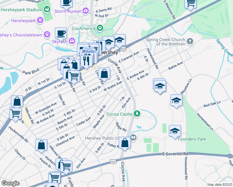 map of restaurants, bars, coffee shops, grocery stores, and more near 45 Maple Avenue in Hershey