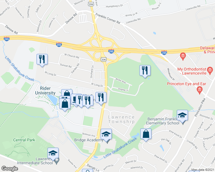 map of restaurants, bars, coffee shops, grocery stores, and more near 2170 Lawrenceville Road in Lawrence Township