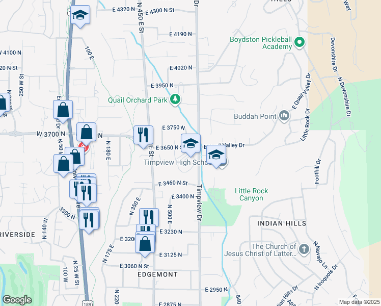 map of restaurants, bars, coffee shops, grocery stores, and more near 566 East 3650 North Street in Provo