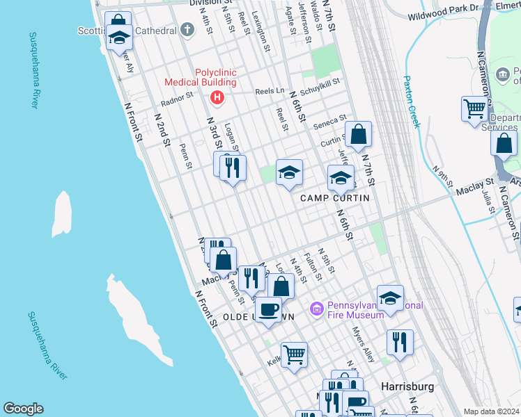 map of restaurants, bars, coffee shops, grocery stores, and more near 2223 Logan Street in Harrisburg