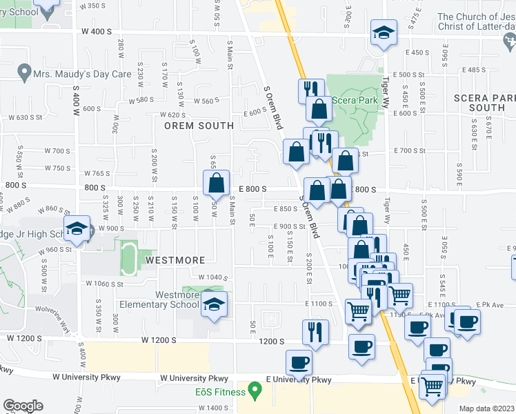 map of restaurants, bars, coffee shops, grocery stores, and more near 95 East 900 South in Orem
