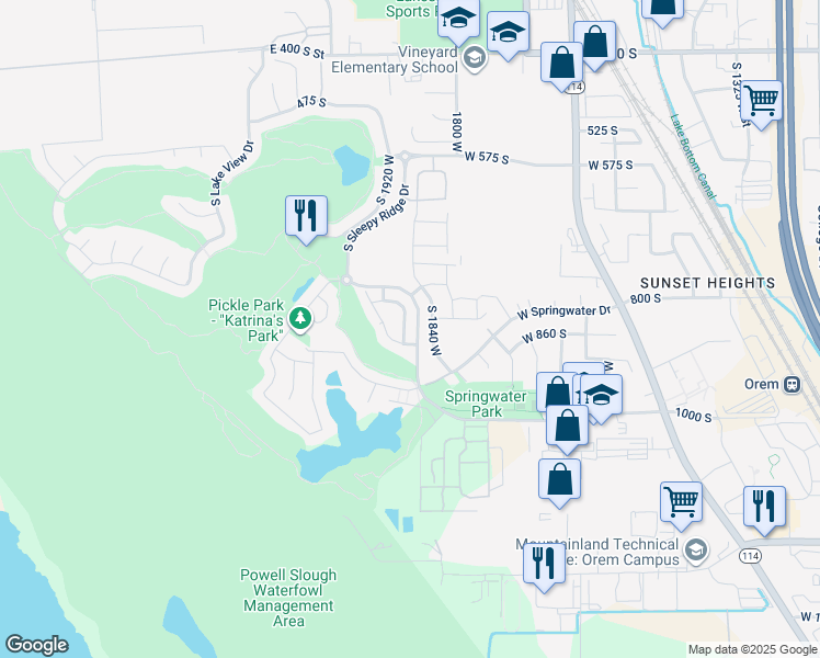 map of restaurants, bars, coffee shops, grocery stores, and more near 1901 West Fox Trail Lane in Orem