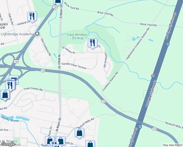 map of restaurants, bars, coffee shops, grocery stores, and more near 50 Garden View Terrace in East Windsor