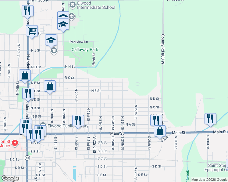 map of restaurants, bars, coffee shops, grocery stores, and more near 500 North 24th Street in Elwood