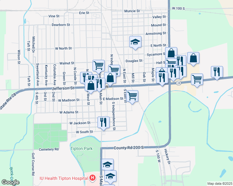 map of restaurants, bars, coffee shops, grocery stores, and more near 220 East Madison Street in Tipton