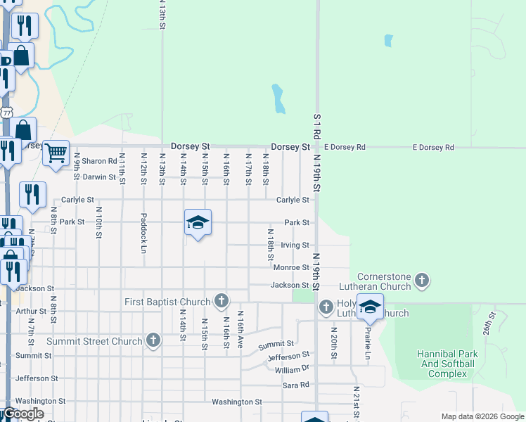 map of restaurants, bars, coffee shops, grocery stores, and more near 1700 Park Street in Beatrice