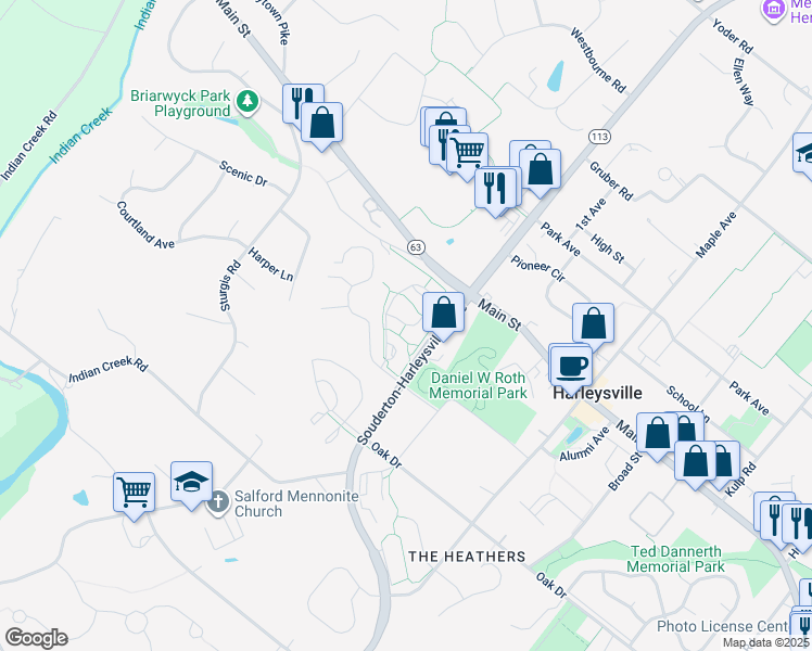 map of restaurants, bars, coffee shops, grocery stores, and more near 280 Hamilton Drive in Harleysville