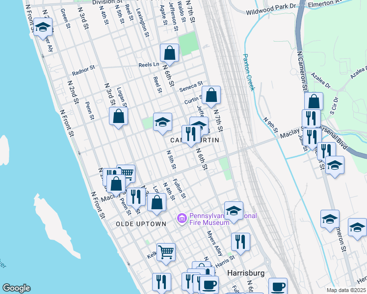 map of restaurants, bars, coffee shops, grocery stores, and more near 551 Woodbine Street in Harrisburg