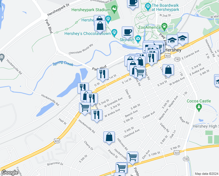 map of restaurants, bars, coffee shops, grocery stores, and more near 450 West Caracas Avenue in Hershey