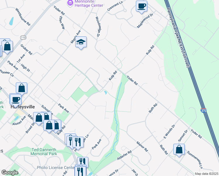map of restaurants, bars, coffee shops, grocery stores, and more near 360 Indian Crest Way in Harleysville