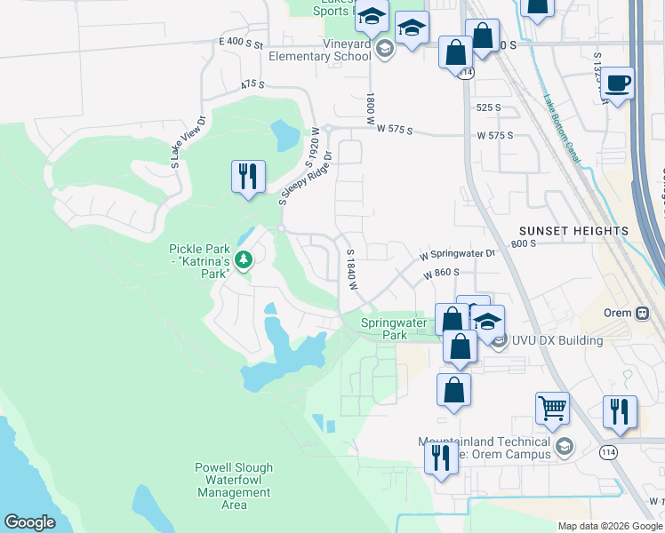 map of restaurants, bars, coffee shops, grocery stores, and more near 1901 West Fox Trail Lane in Orem