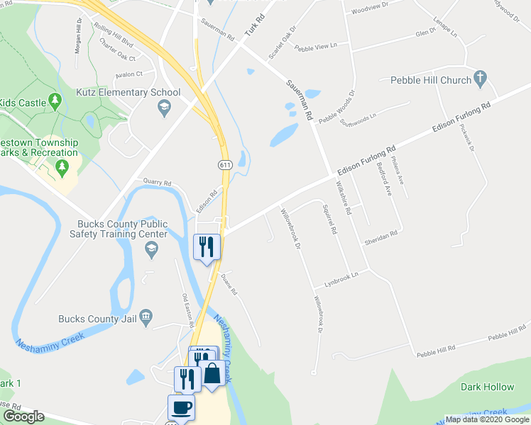 map of restaurants, bars, coffee shops, grocery stores, and more near 135 Edison Furlong Road in Doylestown