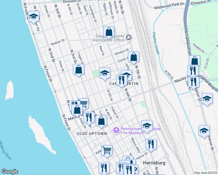 map of restaurants, bars, coffee shops, grocery stores, and more near 504 Woodbine Street in Harrisburg