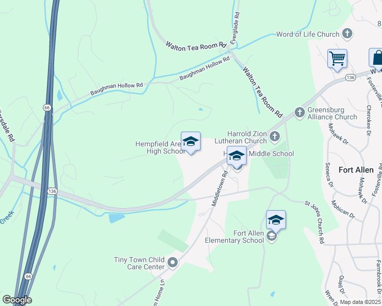 map of restaurants, bars, coffee shops, grocery stores, and more near 4345 Pennsylvania 136 in Greensburg