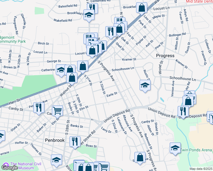 map of restaurants, bars, coffee shops, grocery stores, and more near 3201 Meadow Lane in Harrisburg