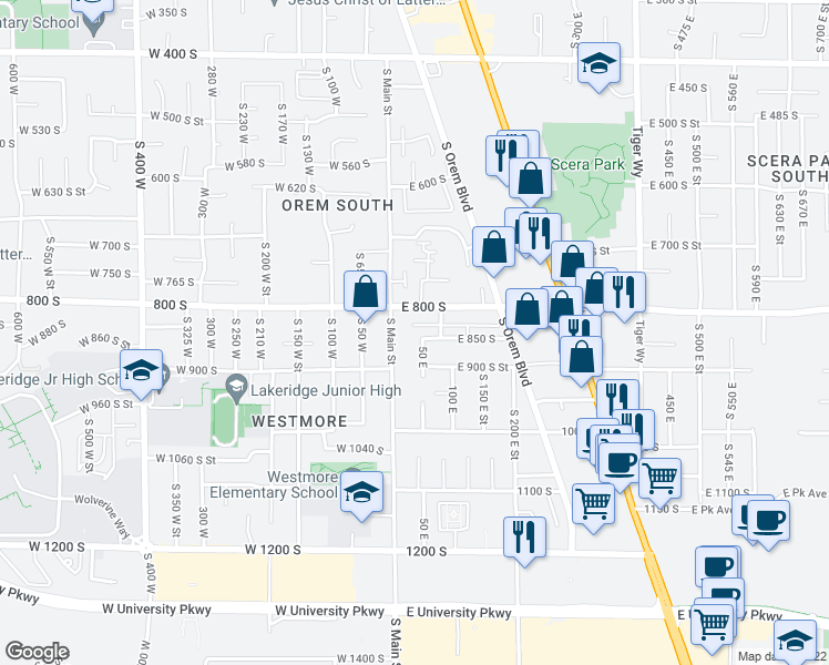 map of restaurants, bars, coffee shops, grocery stores, and more near 848 50 East in Orem