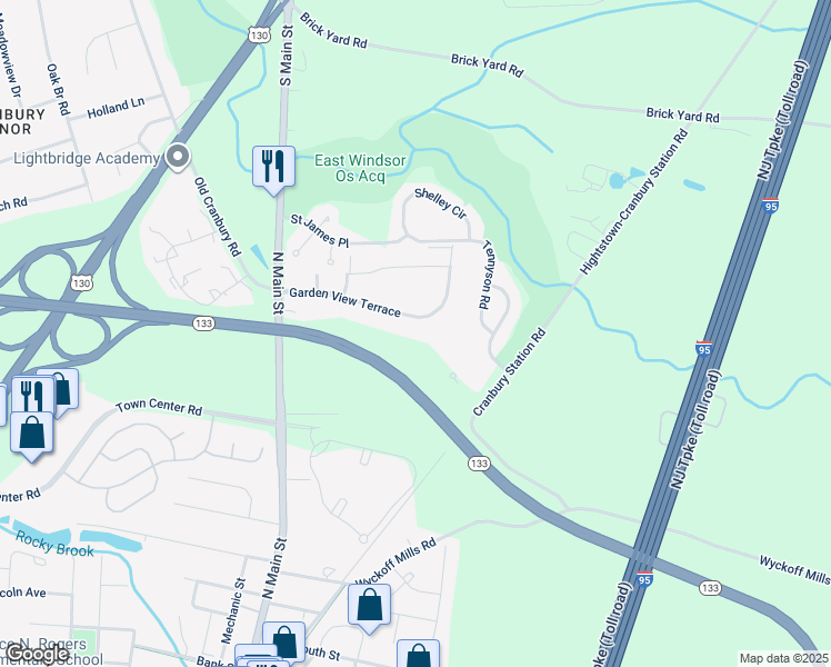 map of restaurants, bars, coffee shops, grocery stores, and more near 50 Garden View Terrace in East Windsor