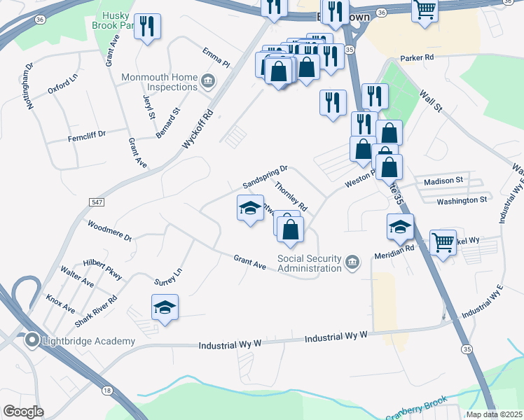 map of restaurants, bars, coffee shops, grocery stores, and more near 26 Brentwood Road in Eatontown