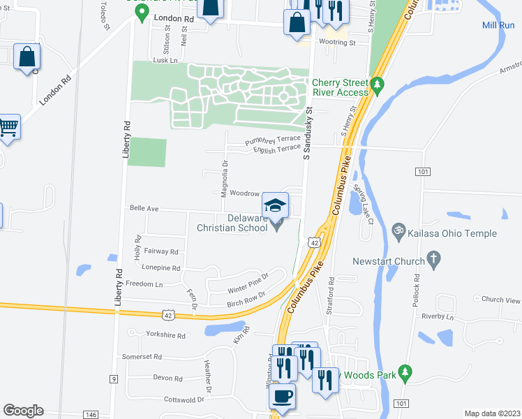 map of restaurants, bars, coffee shops, grocery stores, and more near 60 Belle Avenue in Delaware