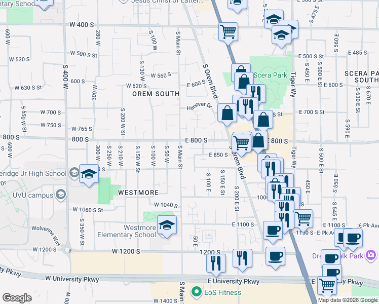 map of restaurants, bars, coffee shops, grocery stores, and more near 842 South 50 West in Orem