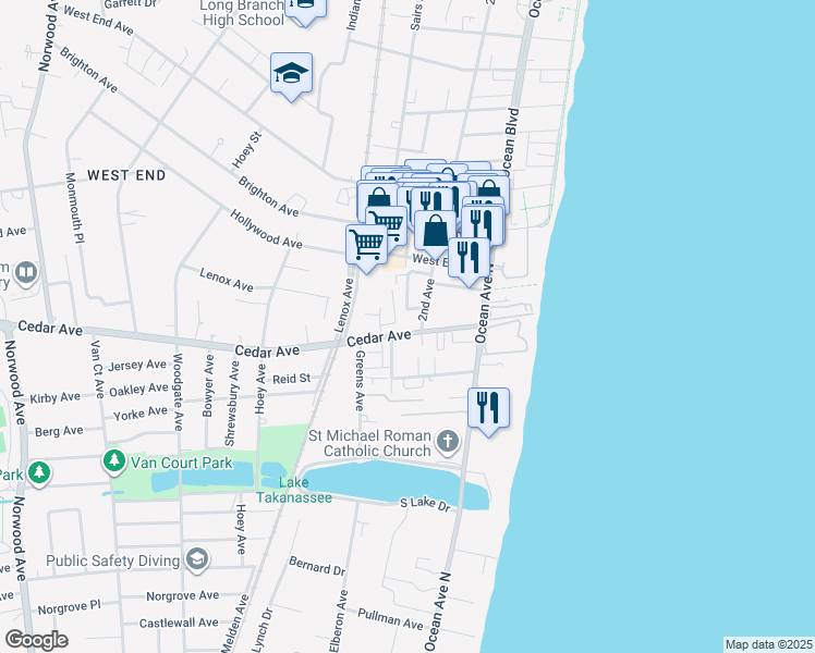 map of restaurants, bars, coffee shops, grocery stores, and more near 60 Cedar Avenue in Long Branch