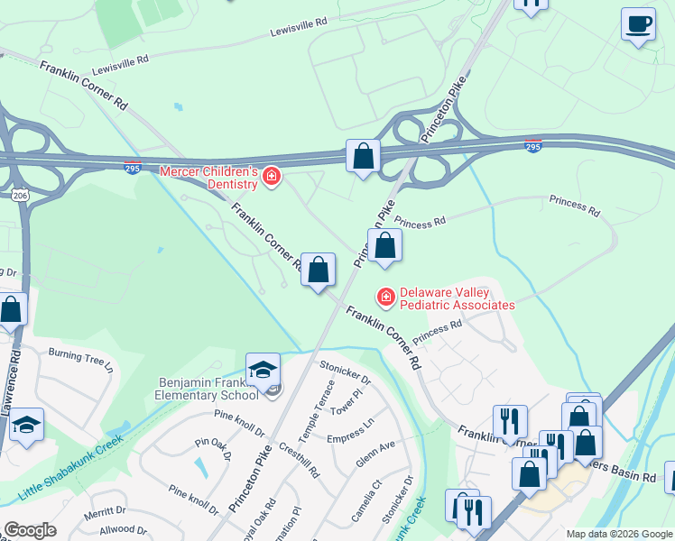 map of restaurants, bars, coffee shops, grocery stores, and more near 3076 Princeton Pike in Lawrence Township
