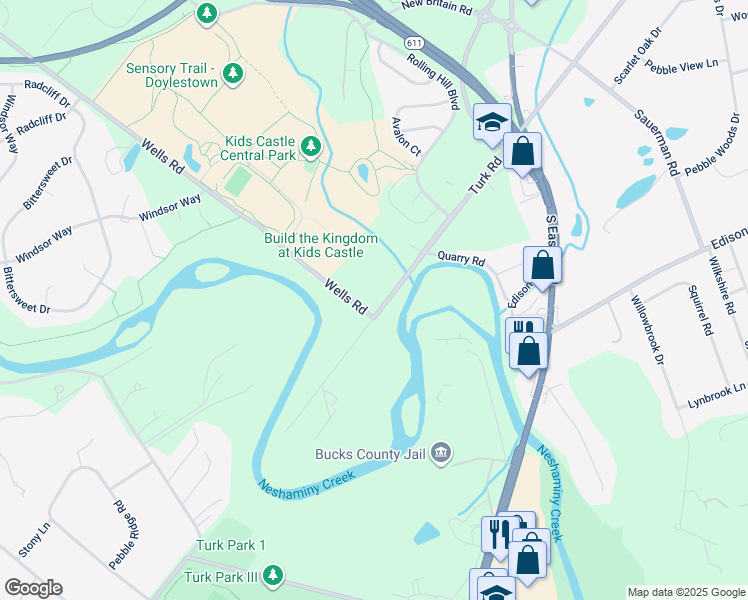 map of restaurants, bars, coffee shops, grocery stores, and more near 1808 Turk Road in Doylestown