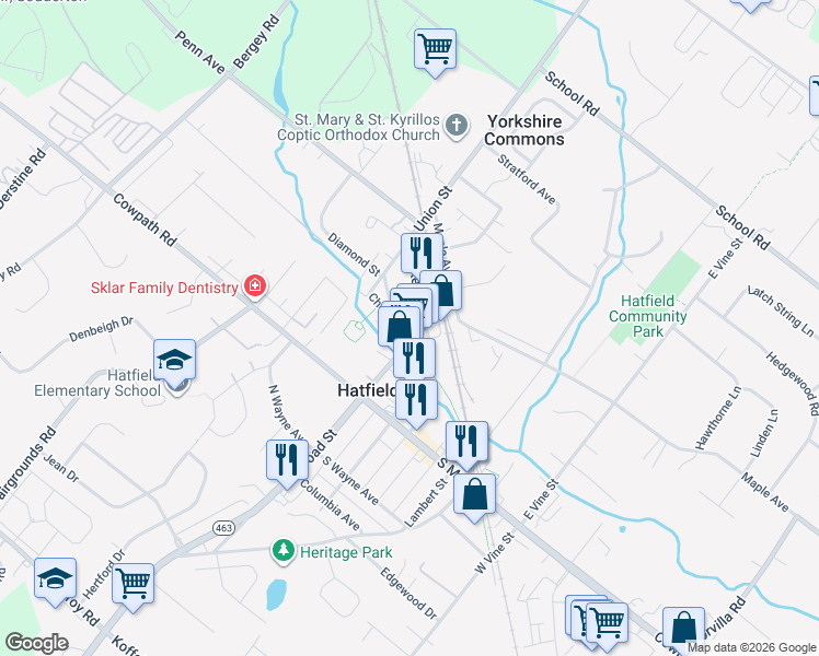 map of restaurants, bars, coffee shops, grocery stores, and more near 77 East Lincoln Avenue in Hatfield