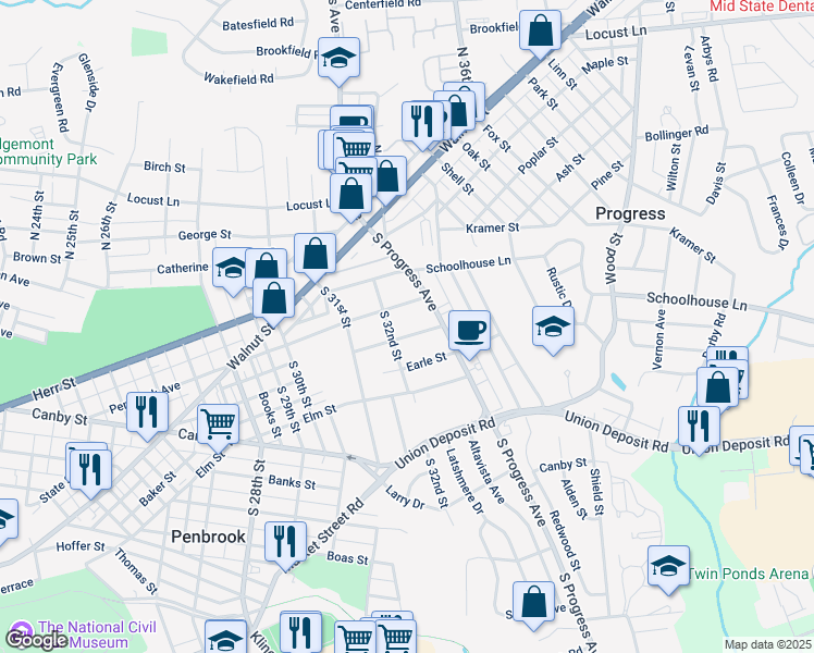 map of restaurants, bars, coffee shops, grocery stores, and more near 3201 Meadow Lane in Harrisburg