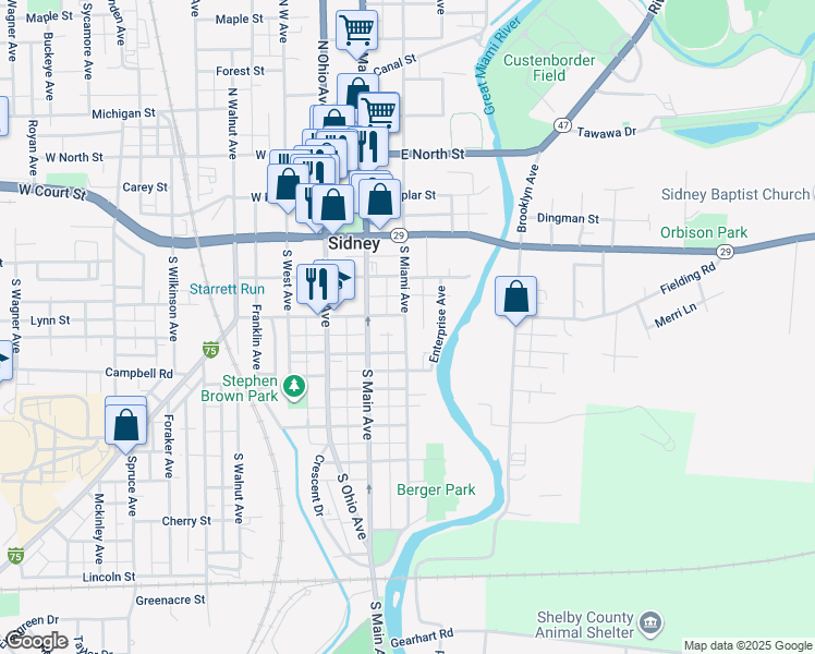 map of restaurants, bars, coffee shops, grocery stores, and more near 434 South Miami Avenue in Sidney