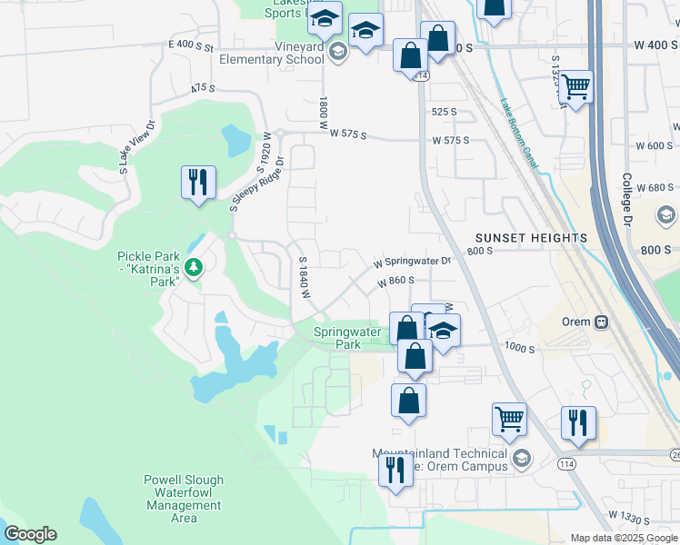 map of restaurants, bars, coffee shops, grocery stores, and more near 1771 West 850 South in Orem