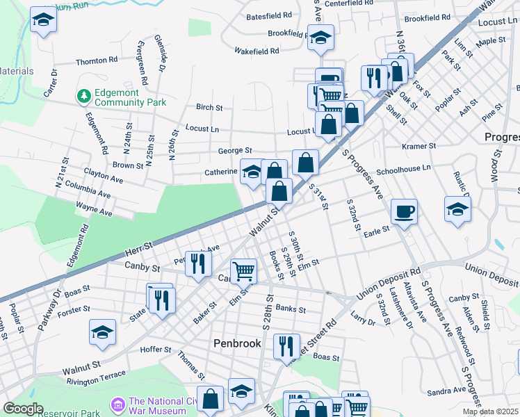 map of restaurants, bars, coffee shops, grocery stores, and more near 2829 Herr Street in Harrisburg