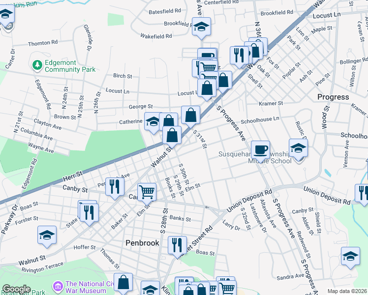 map of restaurants, bars, coffee shops, grocery stores, and more near 2918 Penbrook Avenue in Harrisburg