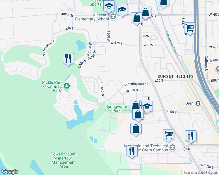 map of restaurants, bars, coffee shops, grocery stores, and more near 1795 West 850 South in Orem