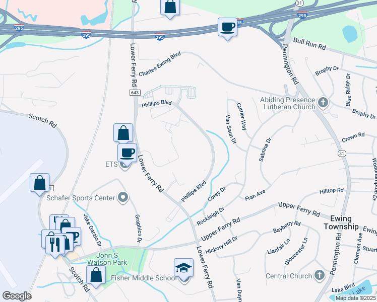 map of restaurants, bars, coffee shops, grocery stores, and more near 225 Phillips Boulevard in Ewing Township
