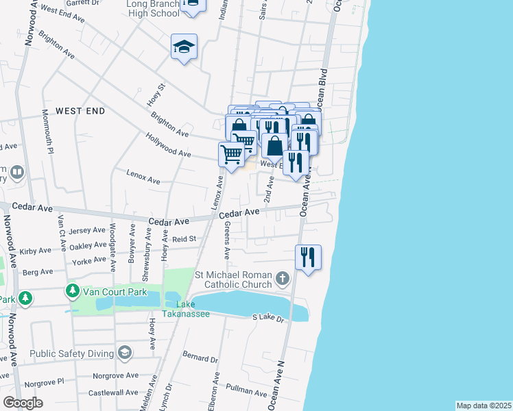 map of restaurants, bars, coffee shops, grocery stores, and more near 60 Cedar Avenue in Long Branch