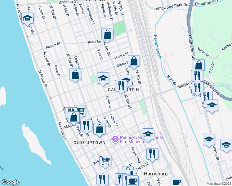 map of restaurants, bars, coffee shops, grocery stores, and more near 551 Woodbine Street in Harrisburg